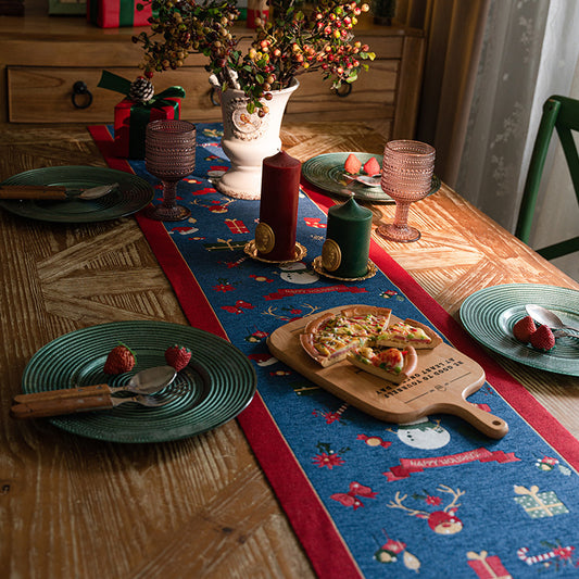 Blue Christmas Festive Table Runner - Blue with Snowman, Reindeer and Happy Holidays (35*220cm)
