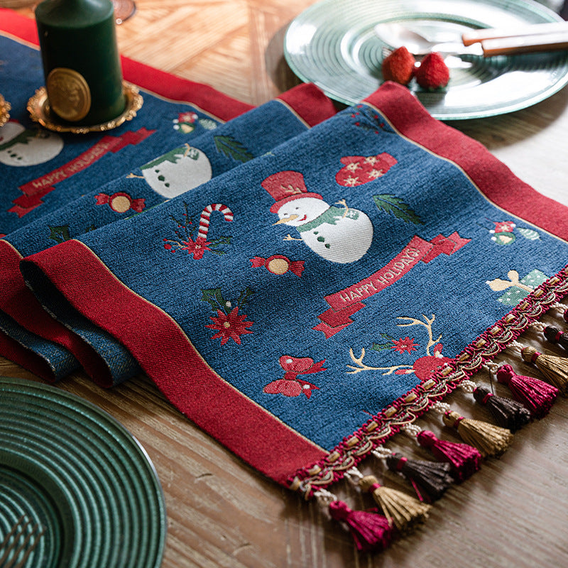 Blue Christmas Festive Table Runner - Blue with Snowman, Reindeer and Happy Holidays (35*220cm)