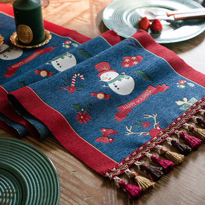 Blue Christmas Festive Table Runner - Blue with Snowman, Reindeer and Happy Holidays (35*220cm)