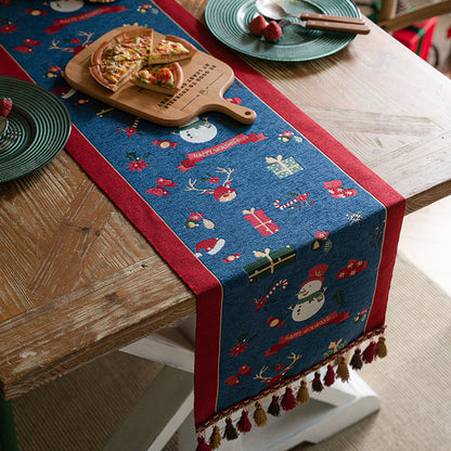 Blue Christmas Festive Table Runner - Blue with Snowman, Reindeer and Happy Holidays (35*180cm)