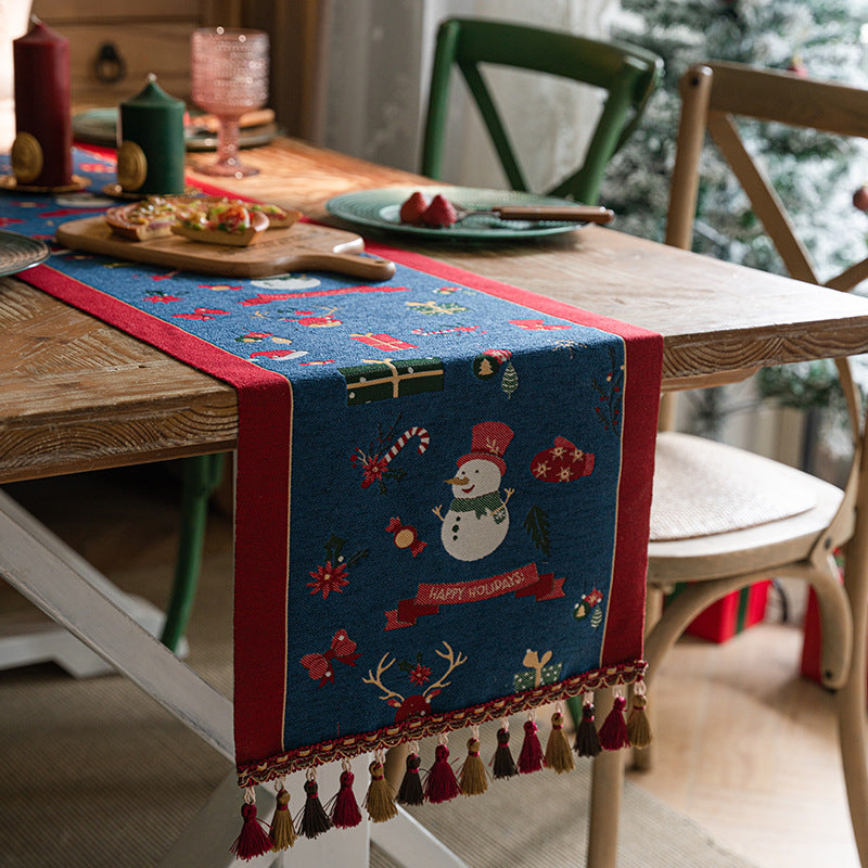 Blue Christmas Festive Table Runner - Blue with Snowman, Reindeer and Happy Holidays (35*180cm)
