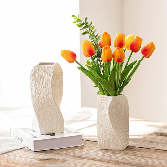 White Abstract Twisted Ceramic Vase - Artistic Minimalist Flower Holder for Home Decor (20x10x10cm) - Mekamart Australia