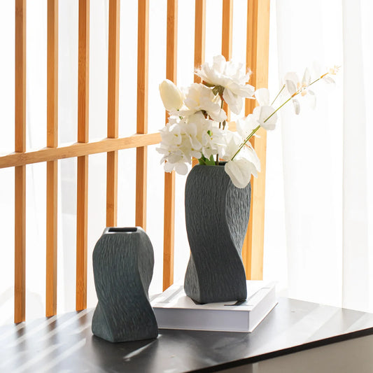 Grey Abstract Twisted Ceramic Vase - Artistic Minimalist Flower Holder for Home Decor (20x10x10cm) - Mekamart Australia
