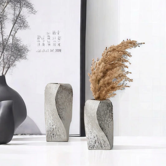 Silver Abstract Twisted Ceramic Vase - Artistic Minimalist Flower Holder for Home Decor (20x10x10cm) - Mekamart Australia