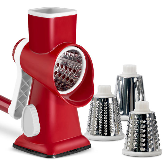 Red Rotary Cheese Grater & Vegetable Slicer - Manual Shredder with 3 Interchangeable Drums
