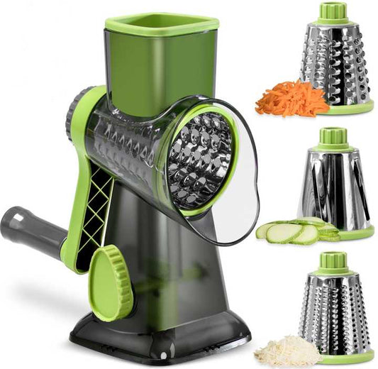 Green Rotary Cheese Grater & Vegetable Slicer - Manual Shredder with 3 Interchangeable Drums