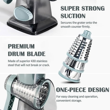 Blue Rotary Cheese Grater & Vegetable Slicer - Manual Shredder with 3 Interchangeable Drums