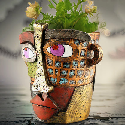 Abstract Face Planter Pot - Artistic Resin Decor for Succulents & Plants (Antique Style - 18.5*18*15CM)