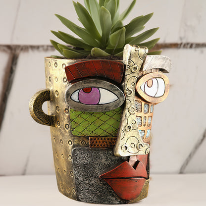 Abstract Face Planter Pot - Artistic Resin Decor for Succulents & Plants (Antique Style - 18.5*18*15CM)
