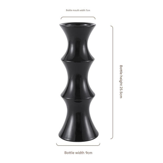 Glossy Black Ceramic Vase - Unique Bamboo-Look Design (25.5x9x7cm)