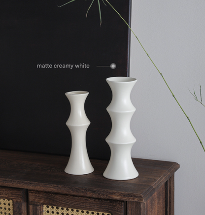 Matte White Ceramic Vase - Unique Bamboo Shape Design (25.5x9x7cm)