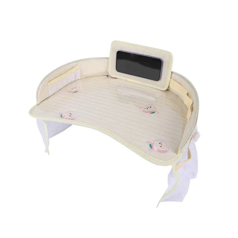 Kids Car Seat Travel Tray - Waterproof Lap Desk with Storage Pockets (Beige bunny - Round)