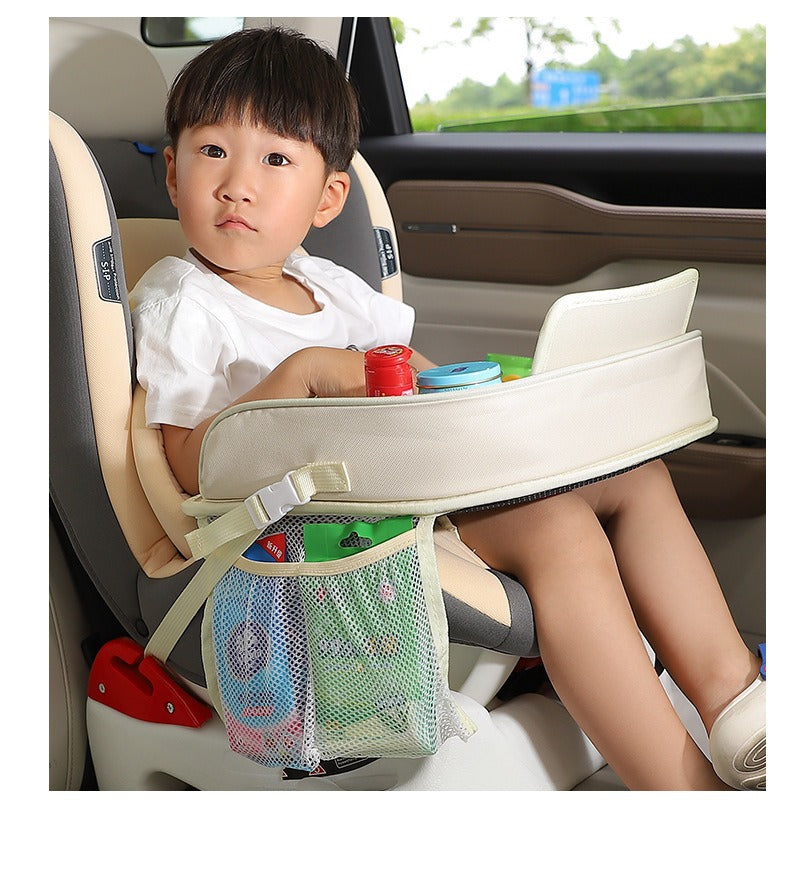 Kids Car Seat Travel Tray - Waterproof Lap Desk with Storage Pockets (Beige bunny - Round)