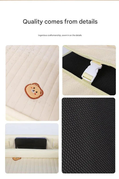 Kids Car Seat Travel Tray - Waterproof Lap Desk with Storage Pockets (Beige bunny - Round)