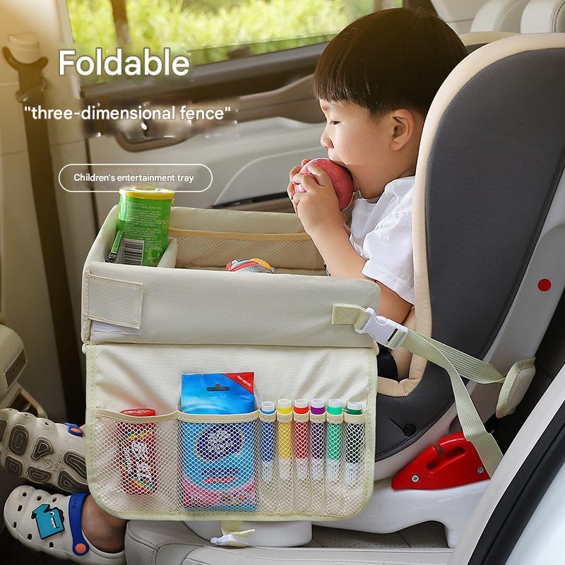 Kids Car Seat Travel Tray - Waterproof Lap Desk with Storage Pockets (Beige Bear - Square)