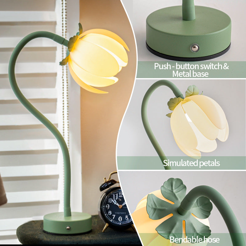 Green LED Tulip Desk Lamp - Flexible Gooseneck, Decorative Flower Table Light