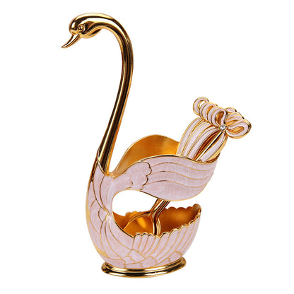 Elegant Swan Base Spoon Holder Set with 6 Coffee/Dessert Spoons(Gold and white spoon)