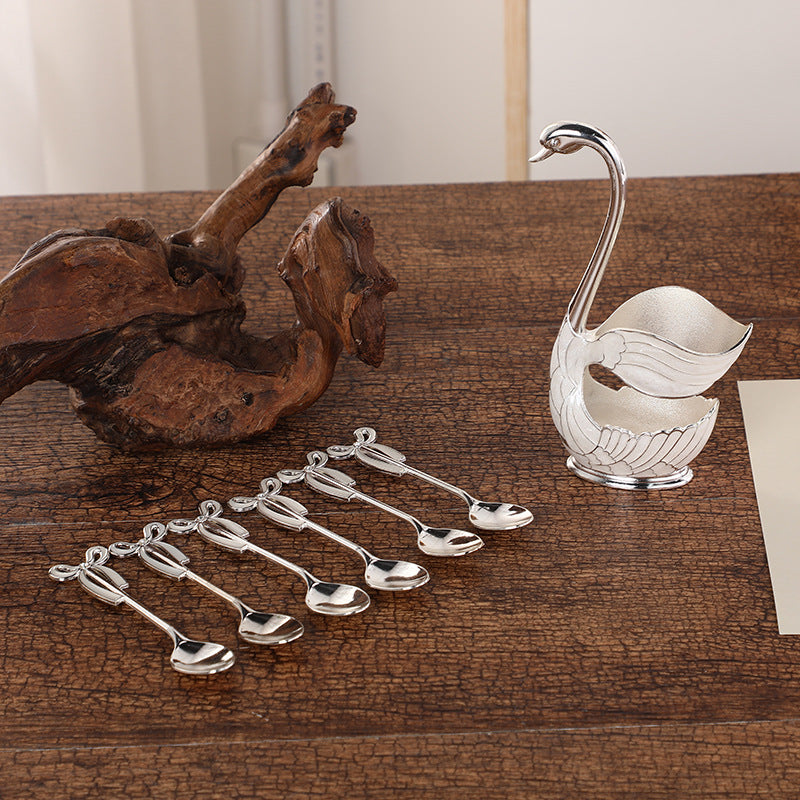 Elegant Swan Base Spoon Holder Set with 6 Coffee/Dessert Spoons(Silver spoon)