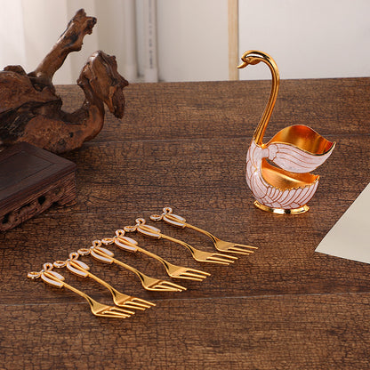 Elegant Swan Base Spoon Holder Set with 6 Coffee/Dessert Spoons(Gold Fork)