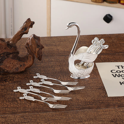 Elegant Swan Base Spoon Holder Set with 6 Coffee/Dessert Spoons(Silver fork)