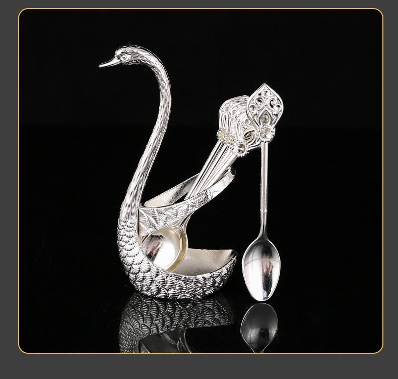 Silver Elegant Swan Cutlery Holder Set with 6 Dessert Spoons