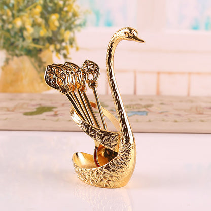 Gold Elegant Swan Cutlery Holder Set with 6 Dessert Spoons