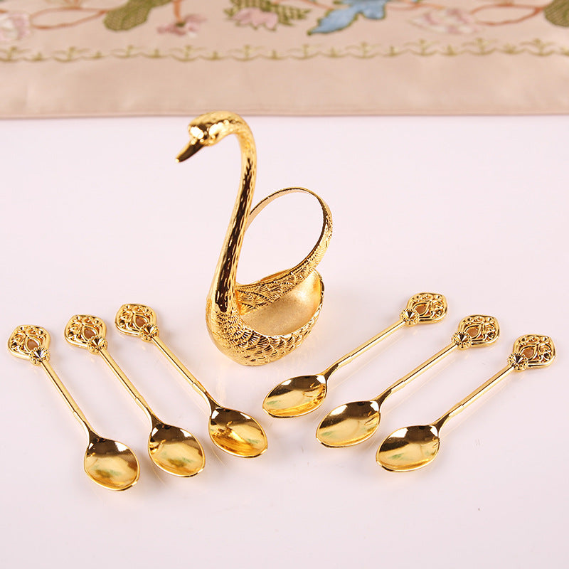 Gold Elegant Swan Cutlery Holder Set with 6 Dessert Spoons