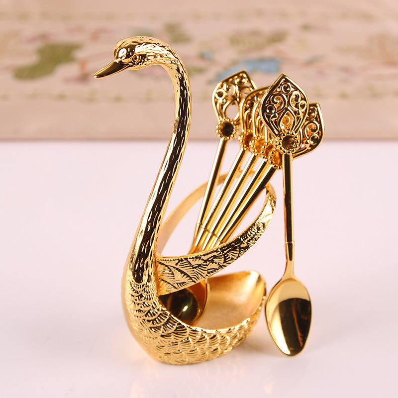Gold Elegant Swan Cutlery Holder Set with 6 Dessert Spoons