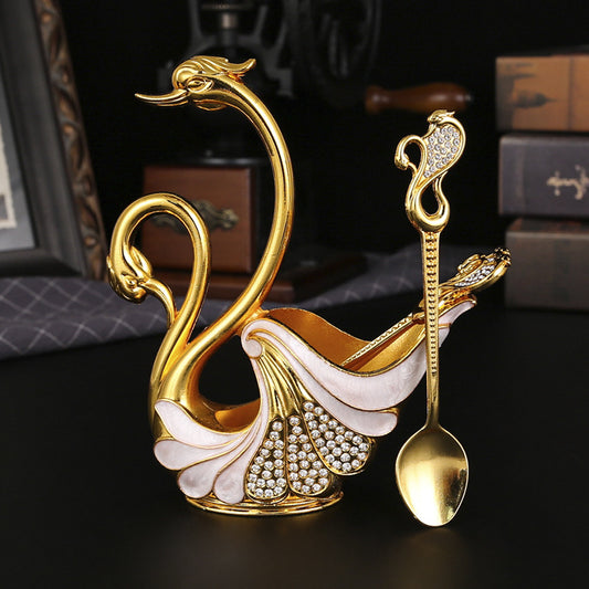 Gold Elegant Double Swan Cutlery Holder Set with 6pcs Spoons