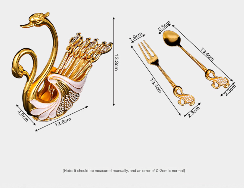 Gold Elegant Double Swan Cutlery Holder Set with 6pcs Spoons