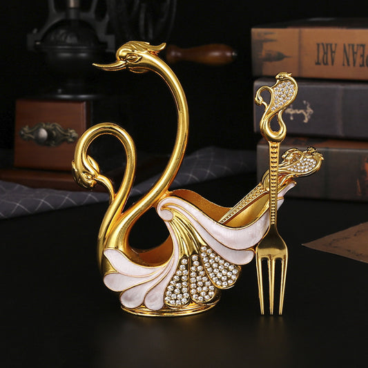 Gold Elegant Double Swan Cutlery Holder Set with 6pcs Fork