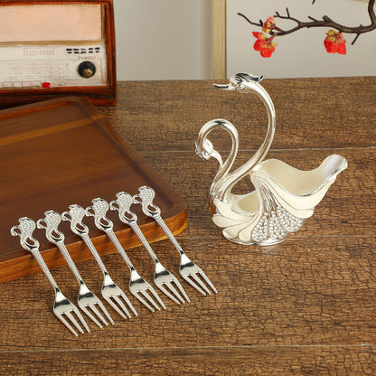 Silver Elegant Double Swan Cutlery Holder Set with 6pcs Fork