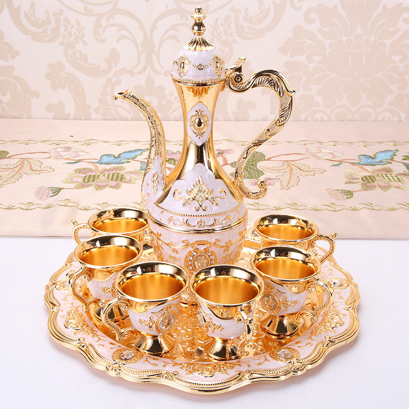 Elegant Gold Metal Serving Set - Decanter, 6 Cups, Tray (White Gold)