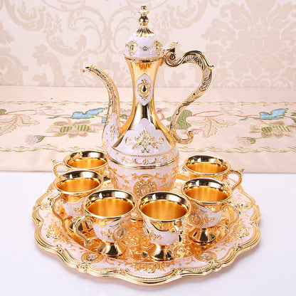 Elegant Gold Metal Serving Set - Decanter, 6 Cups, Tray (White Gold)