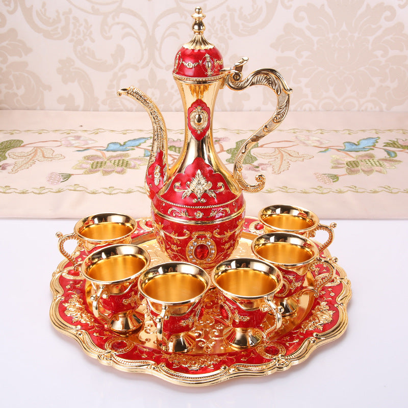 Elegant Gold Metal Serving Set - Decanter, 6 Cups, Tray (Golden Red)