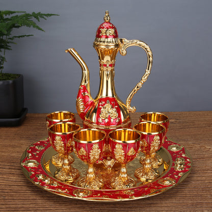 Vintage Palace Style Liquor Serving Set - Metal Pot, 6 Cups & Tray (Golden Red)