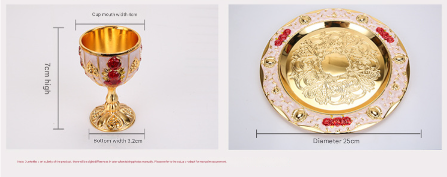 Vintage Palace Style Liquor Serving Set - Metal Pot, 6 Cups & Tray (White gold red rose)