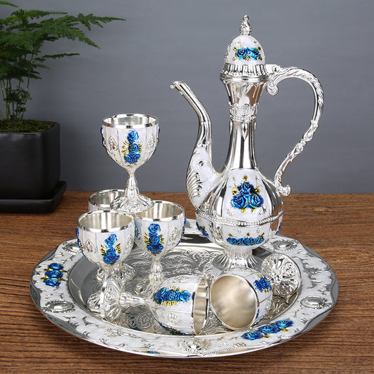 Vintage Palace Style Liquor Serving Set - Metal Pot, 6 Cups & Tray (Silvery blue rose)