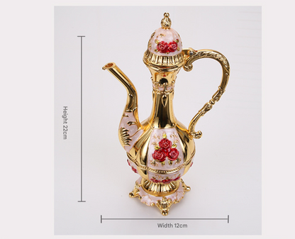 Vintage Palace Style Liquor Serving Set - Metal Pot, 6 Cups & Tray (Silvery blue rose)