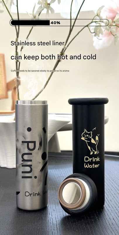 Mini Insulated Coffee Cup - 316 Stainless Steel, Portable & Stylish - Black Kitten (300ml+cup brush)