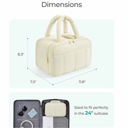 White Puffy Travel Wash Bag with Wide-Mouth Access and Wet-Dry Pockets