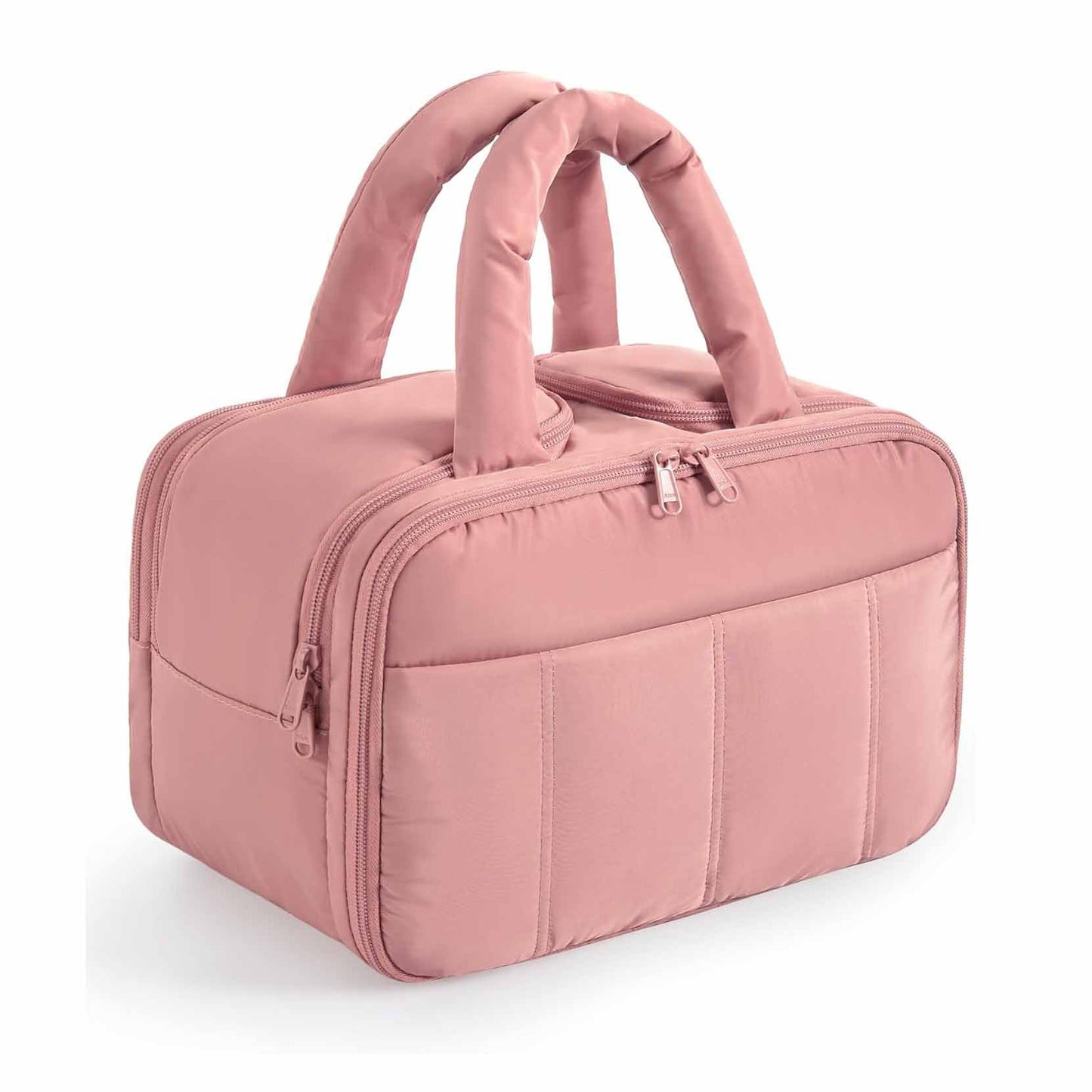 Peach Puffy Travel Wash Bag with Wide-Mouth Access and Wet-Dry Pockets