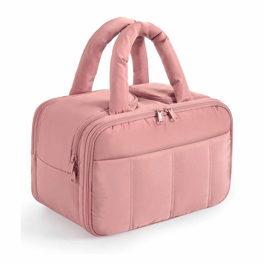 Peach Puffy Travel Wash Bag with Wide-Mouth Access and Wet-Dry Pockets