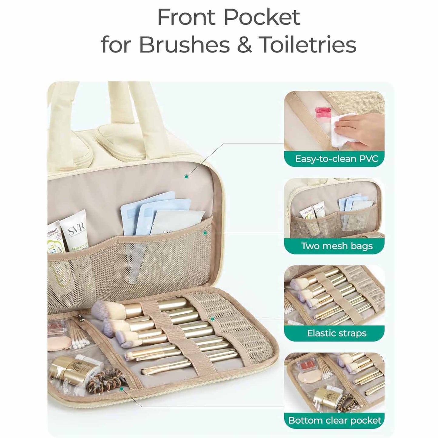 Peach Puffy Travel Wash Bag with Wide-Mouth Access and Wet-Dry Pockets