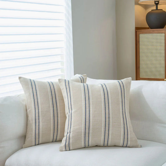 Textured Vertical Striped Pillowcases - Scandinavian Home Decor Accents (Blue Stripes Pair - 45x45cm)