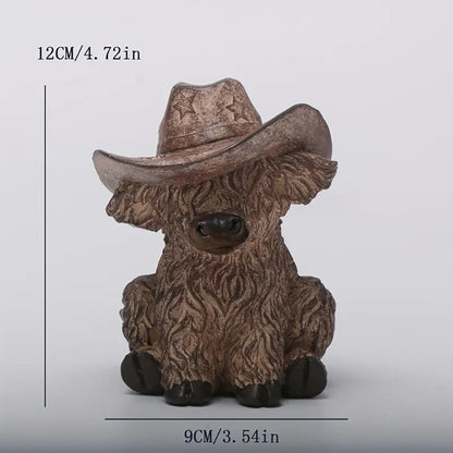Rustic Highland Cow Statue with Cowboy Hat - Resin Farmhouse Decor