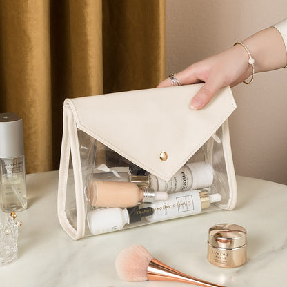 White Chic Envelope Makeup Bag with Transparent Waterproof Design