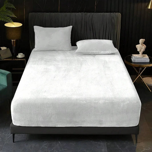 White Plush Crystal Velvet Fitted Sheet - Ultra Soft, Warm & Thick for Winter (198x203+36cm) - Mekamart Australia