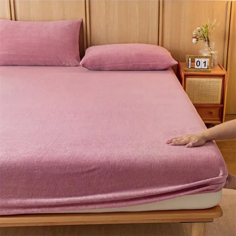 Bean paste color Plush Crystal Velvet Fitted Sheet - Ultra Soft, Warm & Thick for Winter (138x190+36cm) - Mekamart Australia