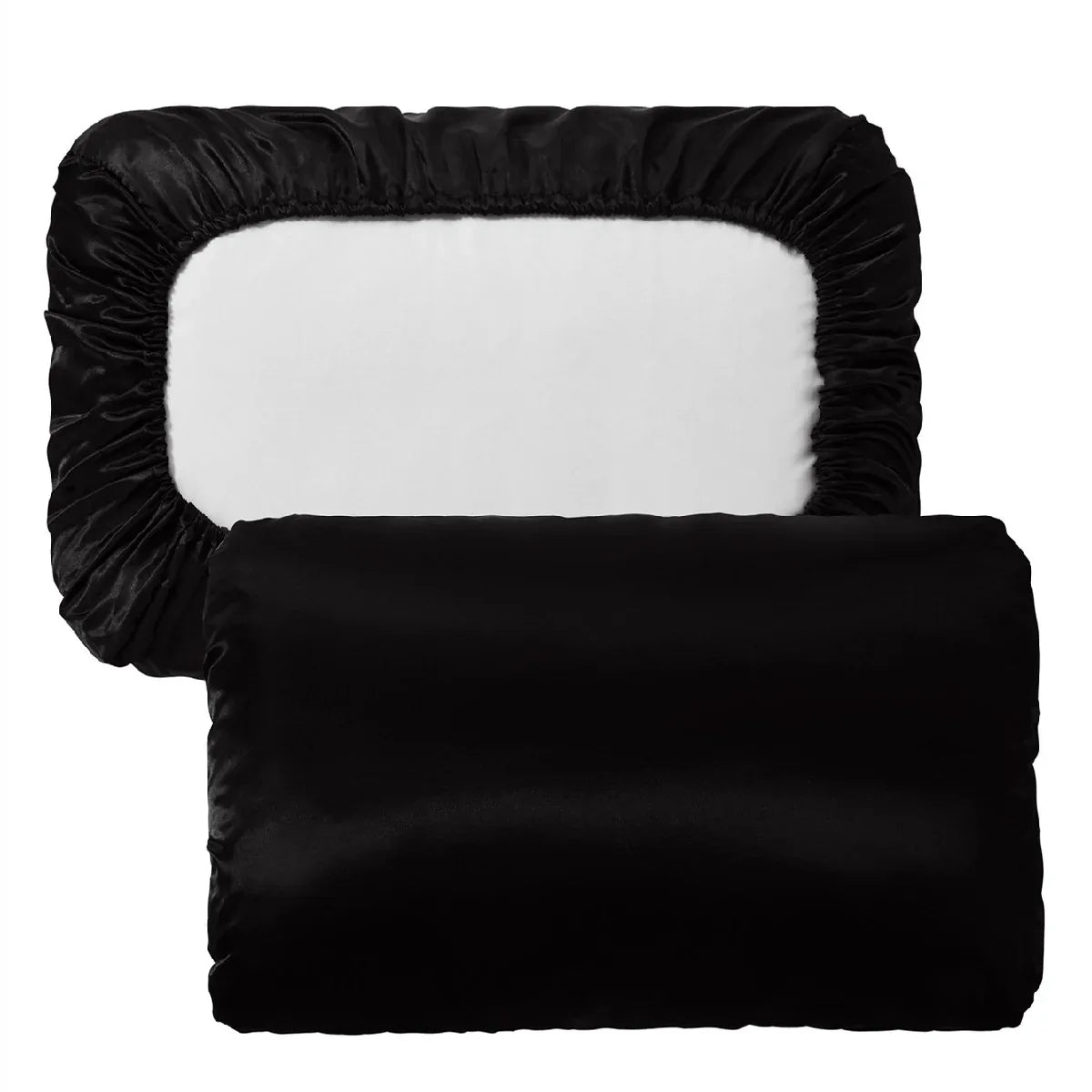 Black Silky Satin Pillowcase Pair - Smooth for Hair & Skin, Elastic Fitted (46x90+16cm)